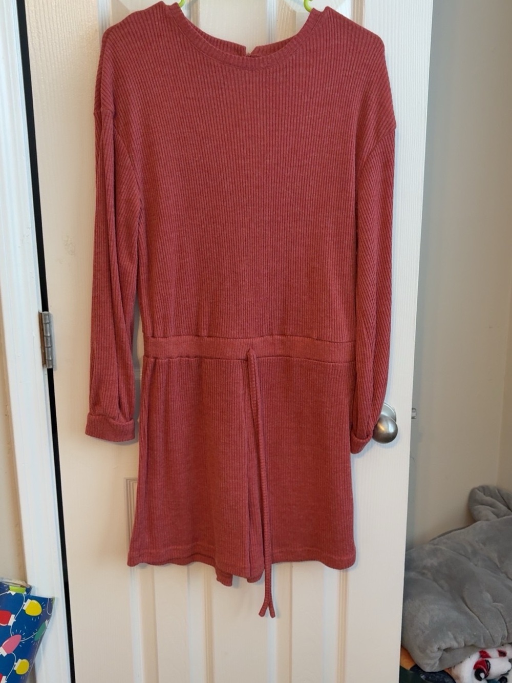 Rust Ribbed Long Sleeve one piece romper with Tie Waist L